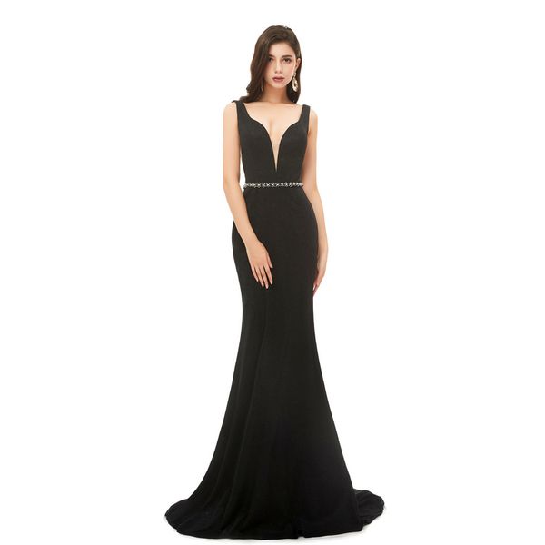 

deep v neck line and back evening dress black mermaid formal evening gown backless long prom dress, Black;red