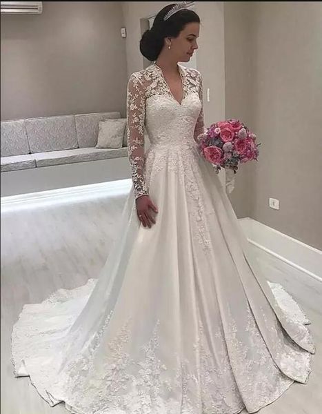 

2018 vintage garden v neck long illusion sleeves pleated satin lace appliques wedding dresses arabic bridal gowns vestidoe de noiva, White