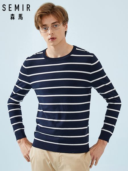 

semir men fine knit sweater men pullover sweater in soft cotton ribbed crewneck cuffs and hem fashion for spring autumn, White;black