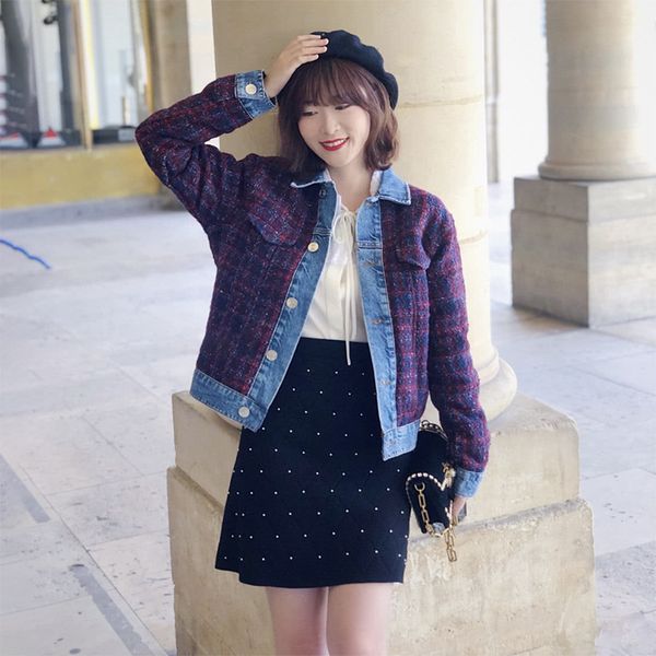 

2019 осень / зима новый tweed прострочкой джинсовые женщин хлопок пальто зимы женщин, Black