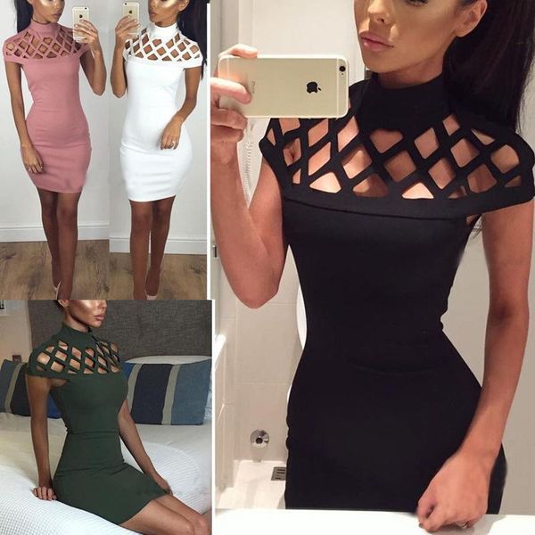 

women hollow out bodycon dresses short sleeved summer mini dresses lady party fashion sheath solid color dresses new ell, Black;gray
