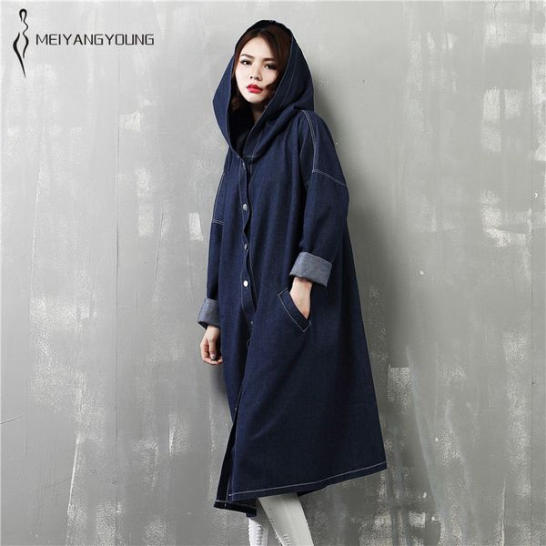

women denim coat long sleeve big size hooded trench female spring winter korean couple trench femme loose overcoat new year 2018, Tan;black