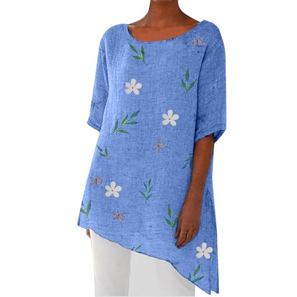 

fashion women mujer summer casual blouses half sleeve o-neck print irregular beach blouse blusas mujer de moda 2019, White