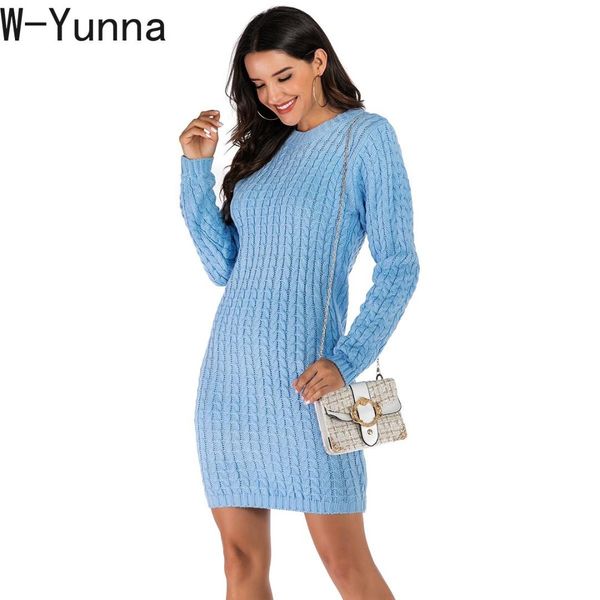 

w-yunna autumn winter o-neck fashion slim knitted sweater dress women solid long length sweater long pullovers knitting jumper, White;black