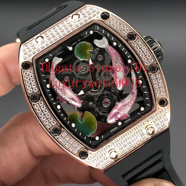 

diamond watches men diamond mechanical skeleton automatic wristwatch rubber casual men dress watch transparent watches 43mm, Slivery;brown