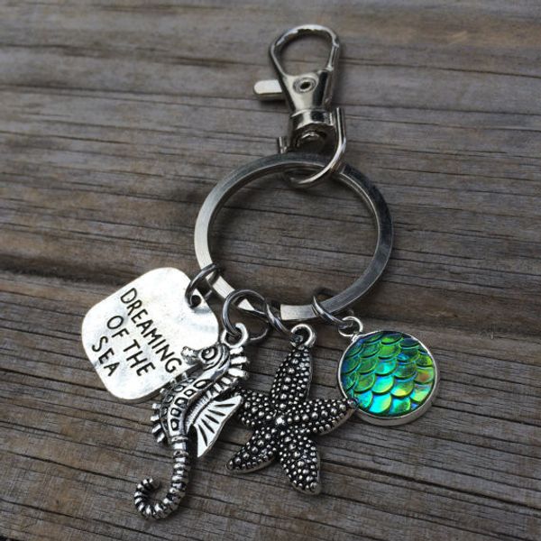

marine dream keyring dreaming of the sea alphabet tag starfish sea horse multicolor fish scale time stone keychain creative jewelry gift, Slivery;golden