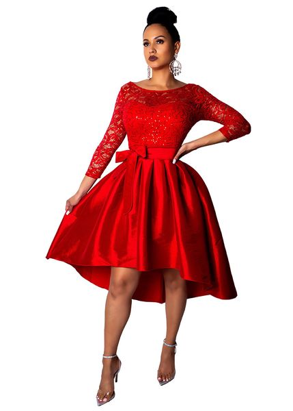 

2020 red white a line lace women party dresses fashion lace sequins bow long sleeves scoop neck backless ruffles elegant prom casual dress, Black;gray