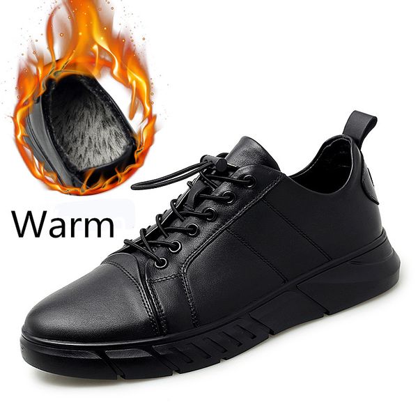 

winter plush lace up sneakers fashion classic casual men's shoes genuine leather male fur flats comfortable sapato masculino, Black