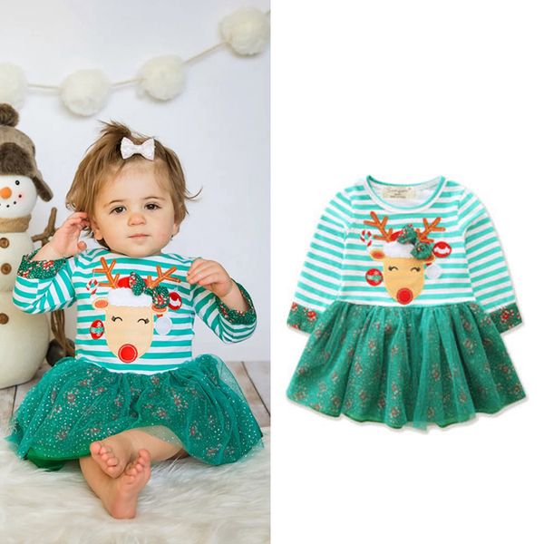 

rorychen new chrismas toddler kids baby girls deer striped dress long sleeve clothes casual long sleeve green children dresses, Red;yellow