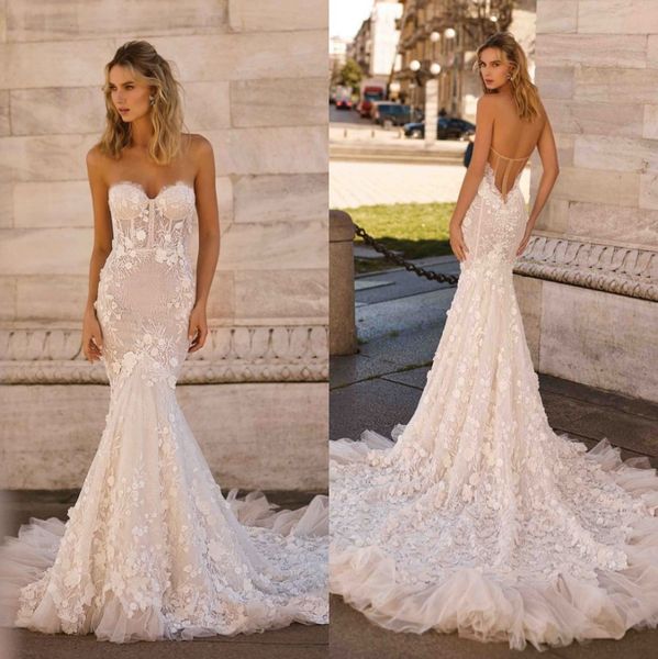 

berta mermaid lace backless wedding dresses beaded strapless neck 3d appliqued bridal gowns plus size sweep train tulle robes de mariÃ©e, White