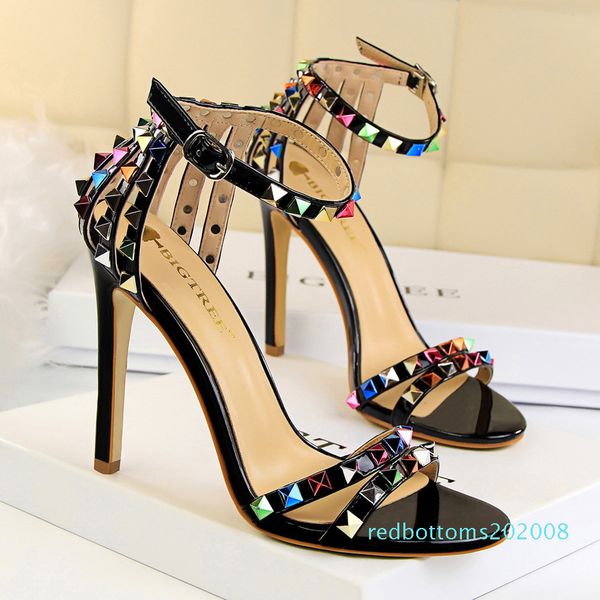 

супер высокие каблуки женской обувь sexy шпилька цветные клепаных сандалии тапочки конфета открытый носок мода женская слайды лето дама лоды, Black