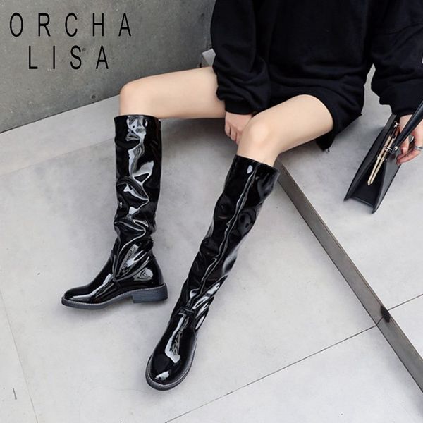 

orcha lisa woman pleated long boots low heel knee high boots block heels black booties female winter work shoes patent leather