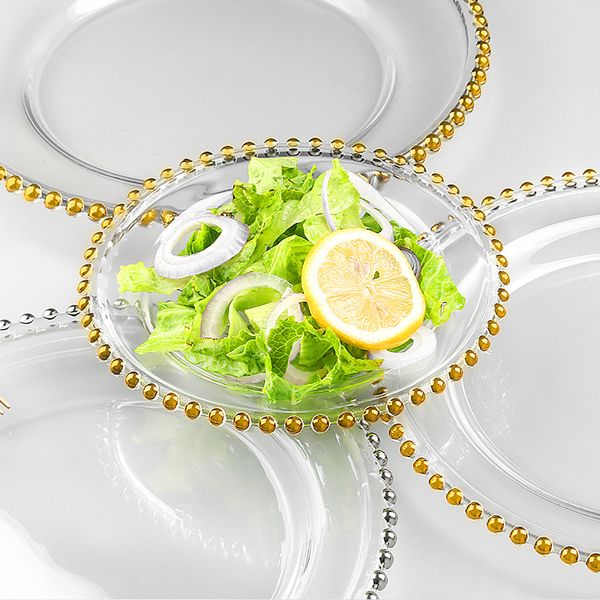 

21см / 8-дюймовые круглые фрукты столовых свадеб прозрачного золотистого стекла / silver бисерного зарядных паштетов стеклянной пластины для