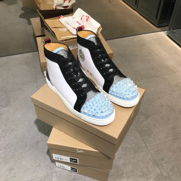 

highest version brand high-shoes rivets red bottom shoes lace-up flat men's shoes mesh sequins men's rivet shoe size 34-47 02, Black