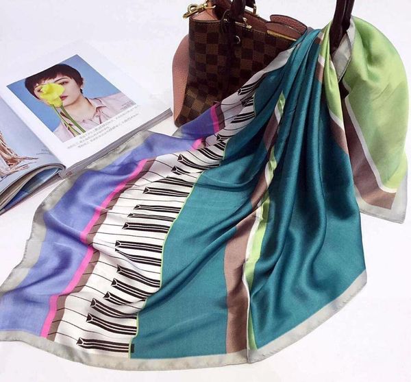 

korea stylish women square music note female scarf delicate light silk neck kerchief head band ll190257b t200609, Blue;gray