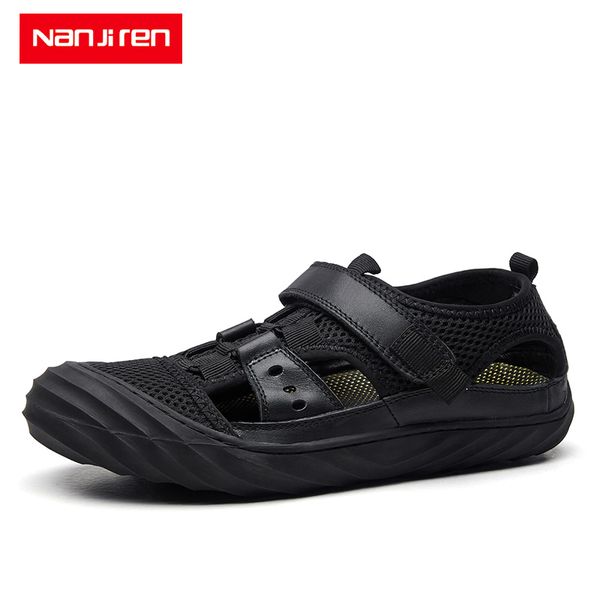 

nanjiren men's shoes summer sandals fashion male leather sandals men genuine leather summer beach shoes, Black