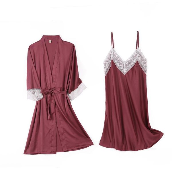 

новое прибытие женщин rayon robe set sexy твердые кружева сатин пижамы nightgown японский кимоно robesstrap главная sleep пижама костюм, Black;red