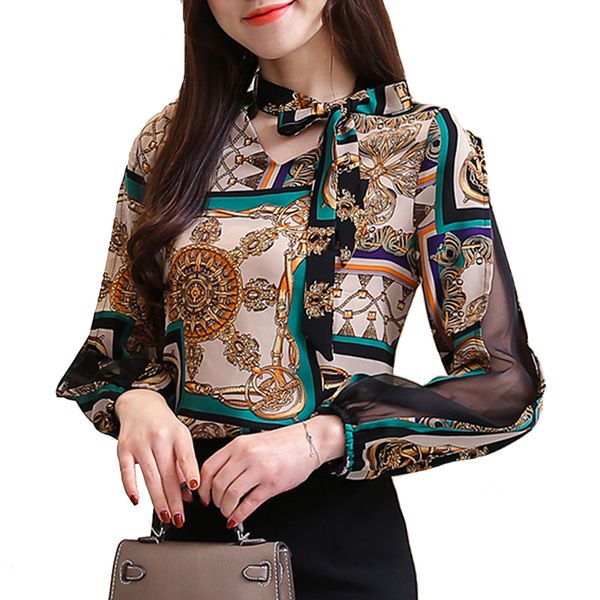 

printed chiffon shirt fashion women blouse spring long sleeve casual plus size shirt, White