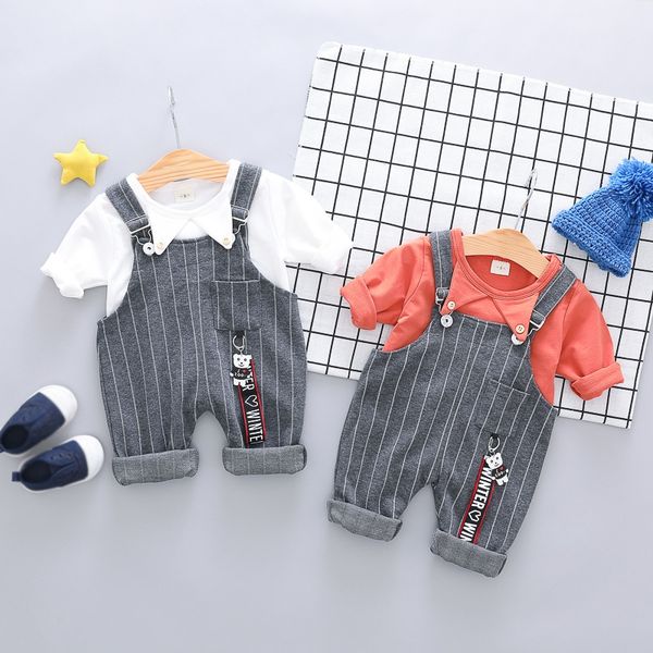 

toddler newborn boy girl autumn outfits long sleeve blouse strap striped trousers casual sets, White
