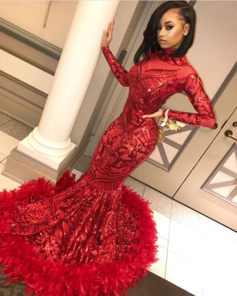 

Red Feather Mermaid Evening Dresses 2019 High Neck Long Sleeves Full Lace See Though Formal Prom Party Dresses DE003