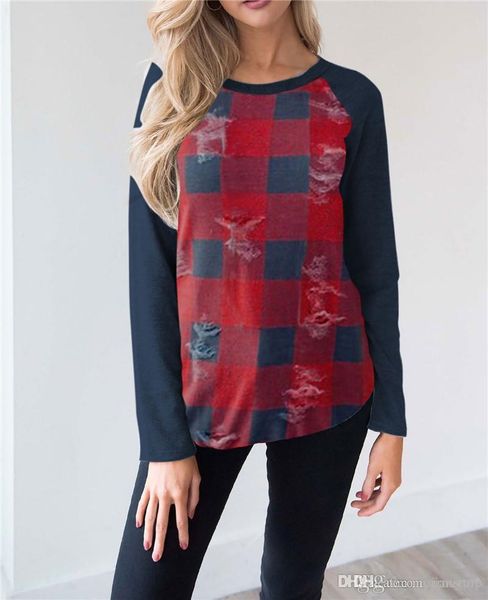 

осень женщина plaid printed tshirt повседневной crew neck дама тис модельер щитовой с длинным рукавом женской одежда, White