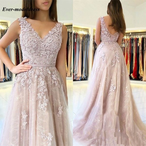 

long prom dresses 2019 lace appliques v-neck zipper back formal party gowns evening dress plus size vestido de festa longo cheap, White;black