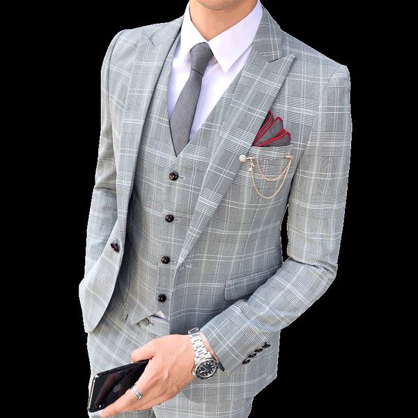 

luxury fashion men's plaid suit 2019 slim men's prom dress wedding suit man business dress 3 piece groom, White;black
