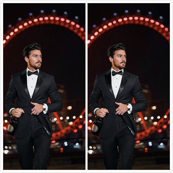 

beach black groom wedding tuxedos men groomsmen suits satin peaked lapel slim fit prom party dinner blazer jacket (jacket+pants), Black;gray