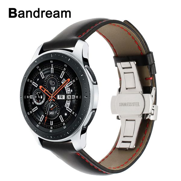 

italy genuine leather watchband 20mm 22mm for samsung galaxy watch 46mm 42mm r800/r810 butterfly clasp band quick release strap, Black;brown