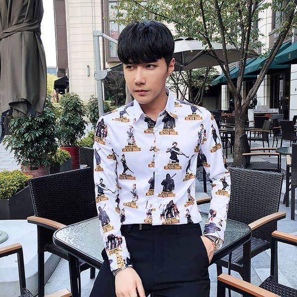 

autumn luxury social dress shirt men designer printing long sleeve shirt casual slim fit shirts streetwear camisa masculina, White;black