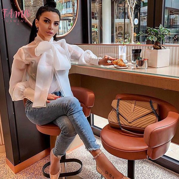 

summer bowknot bow tie organza white blouse women lantern sleeve shirt office lady elegant blouses femininos
