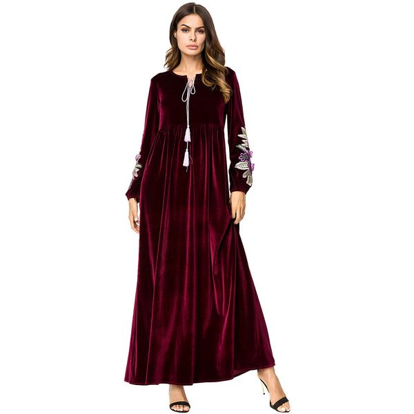 

187216 middle east hand-embroidered korean velvet long-sleeved dress arabian casual dress vestido de mujer musulmana moslimvrouwen jurk, Red