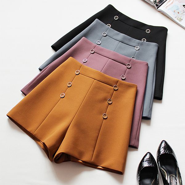 

womens winter shorts autumn woman high waist button casual shorts fashion slim solid black flare feminino, White;black