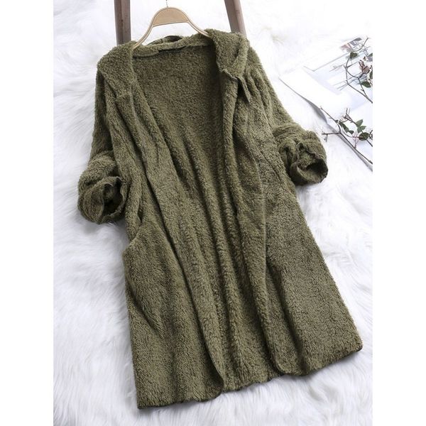 

new fashion spring autumn pockets faux fur coats casual hooded thin overcoats women long sleeve loose outerwear, Black