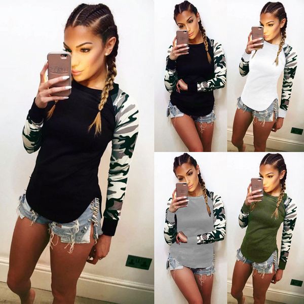 

autumn long sleeve patchwork women print t shirt o-neck plus size tee casual clothing camouflage stitching printed long-sleeved shirt, White