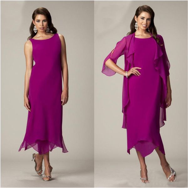 Fuchsia Chiffon Mãe do Noiva Noivo Vestidos Com Jaqueta Chá Comprimento Meia Manga Formal Vestidos de Noite Plus Size Wedding Mãe Dresse