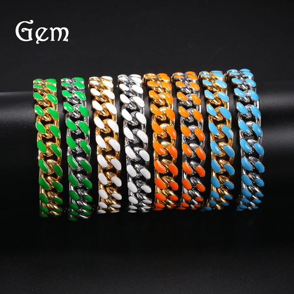 

cuban link chains hip-hop stainless steel dripping oil color cuban chain 12mm fashion bracelet for men and women, Silver