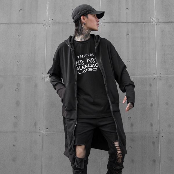 

male streetwear hip hop punk hoodie jacket outerwear men autumn new long style zipper hooded sweatshirt coat, Black