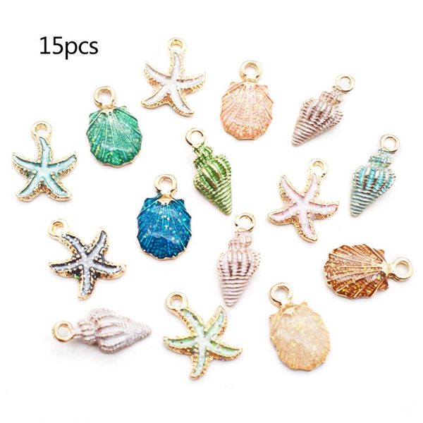 

13/15pcs assorted plated ocean starfish conch shell charms pendant for diy jewelry necklace bracelet earring making accessories, Bronze;silver