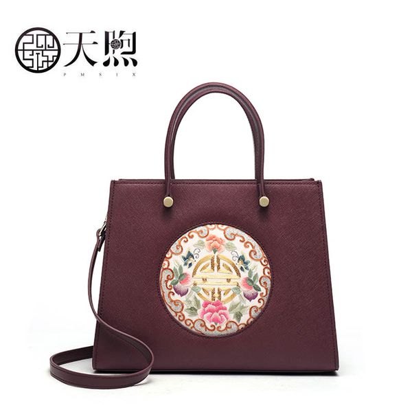 

pmsix 2019 new women leather bags women leather bags luxury embroidery fashion tote shoulder bag red wine