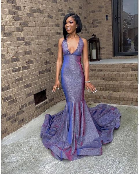 

2019 Blingbling African Prom Dresses Sleeveless Mermaid Plunging V Neck Black Girls Prom Dresses Evening Party Gowns Abendkleider