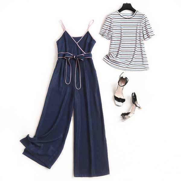 

women fashion casual pants suit summer 2020 striped knitted t-shirt and matching belt tie jumpsuit women two piece outfits, White