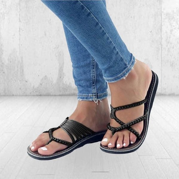 

selling large size knot cool shoes europe and america beach peep-toe flat sandals shoes flip-flops batch, Black
