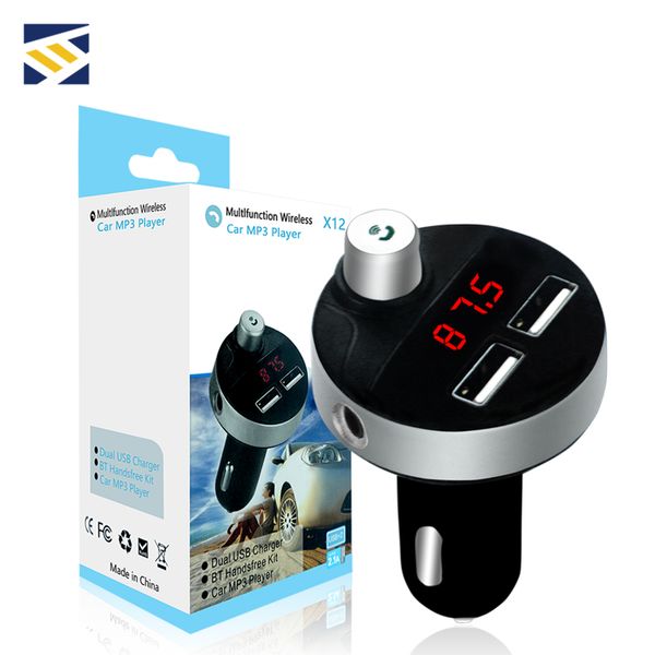 

x12 dual usb port wireless bluetooth portable 2.1a travel car kit charger fm transmitter adapter compatible smartphone with retail package