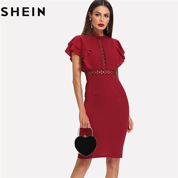 

shein burgundy red high waist vintage ruffle sleeve lady bodycon dress 2018 elegant retro party lace eyelet hem slit dresses new, Black;gray