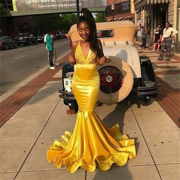 

Yellow Long Mermaid Prom Dresses 2019 New Sleeveless Lace Applique Floor Length V Neck Formal Evening Dress Party Gowns