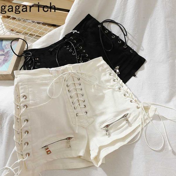

gagarich bandage short pants drawstring high street denim summer slim ripped high waist summer clubwear solid jeans, Blue