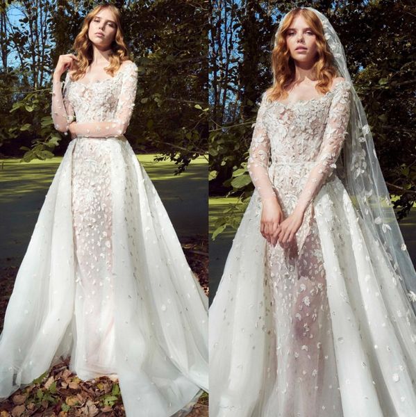

zuhair murad mermaid lace wedding dresses with detachable train sheer scoop neck beaded bridal gowns appliqued long sleeves vestido de novia, White