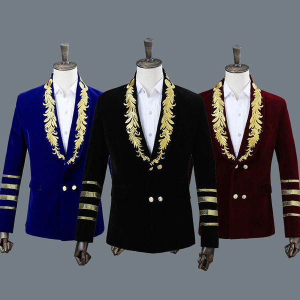 

fall and winter new men's suit fashion embroidered double-row button long-sleeved men's jacket singer dancer clubcostume clothes, White;black