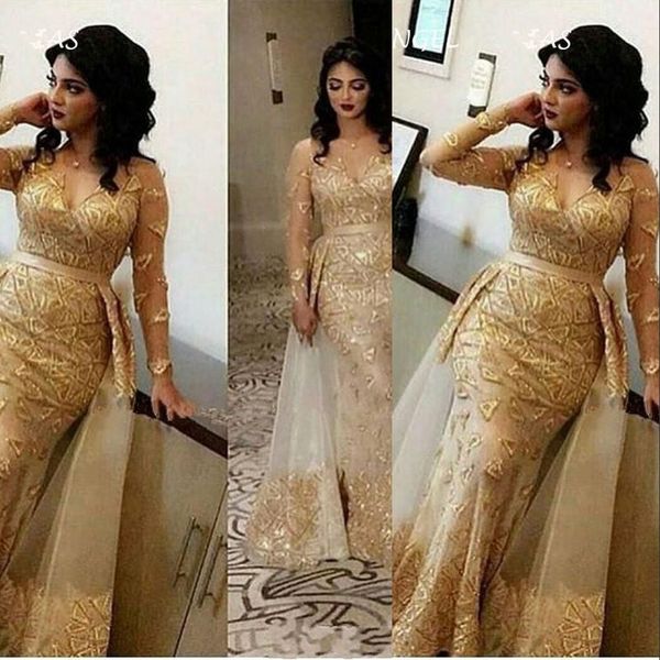 

new arabic gold champagne evening dresses wear for women mermaid lace appliques beads overskirts floor length formal prom dress pa2628, Black;red